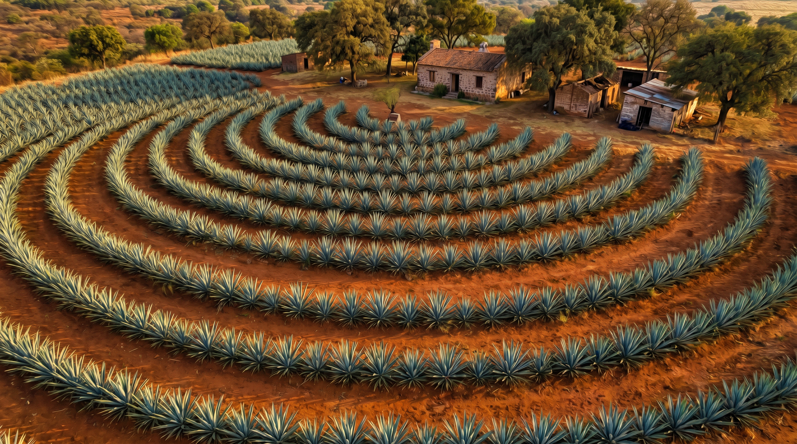 Vista aérea de la finca con hileras curvas de agave