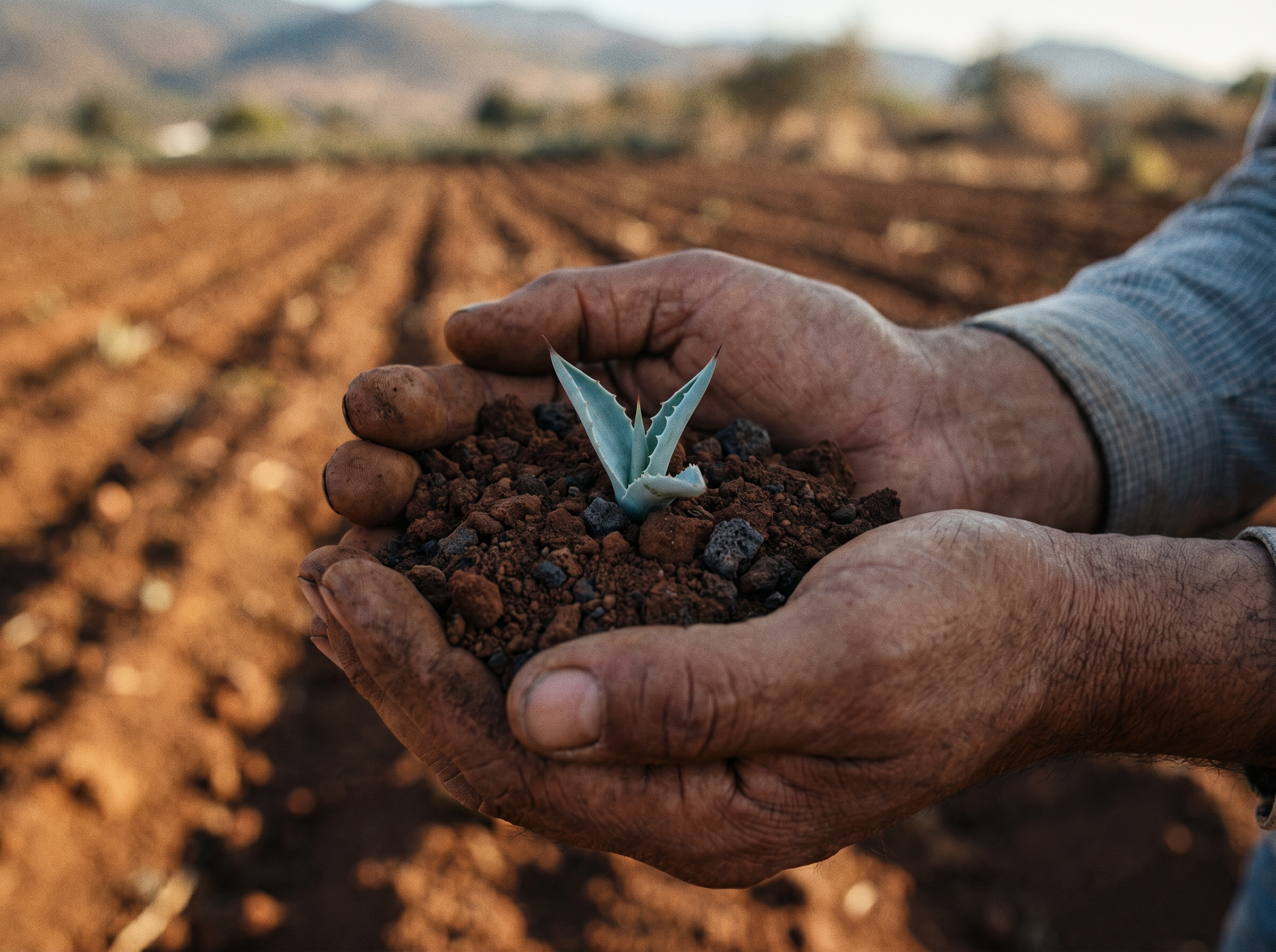 Manos sosteniendo tierra roja volcánica con un brote de agave